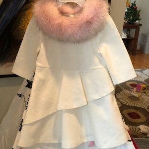 Cream toddler dress with pink faux fur collar